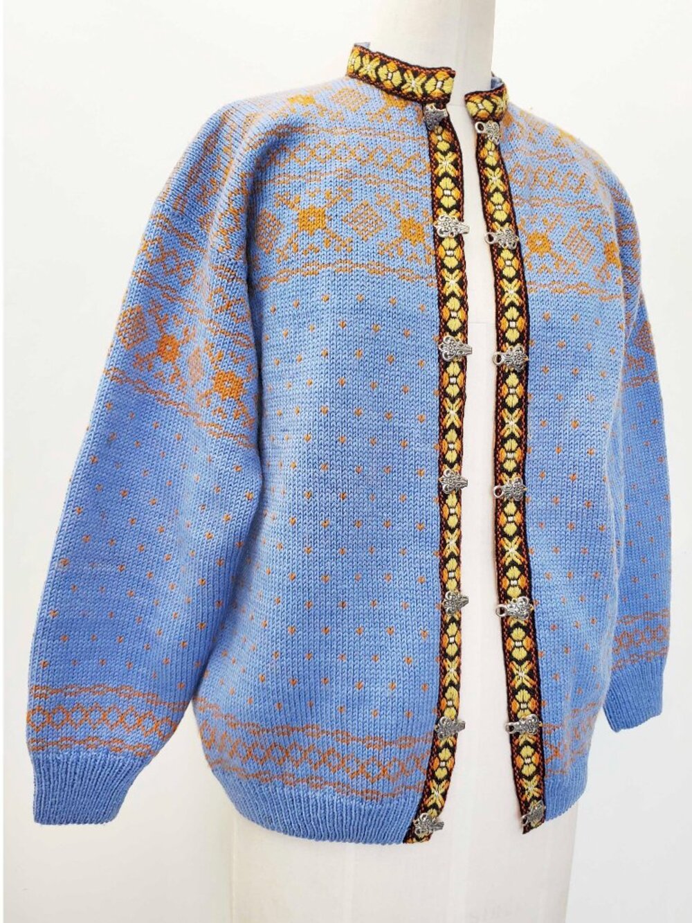 Vintage Women's Norwegian Fair Isle Wool Knit Cardigan Pumpkin Blue M